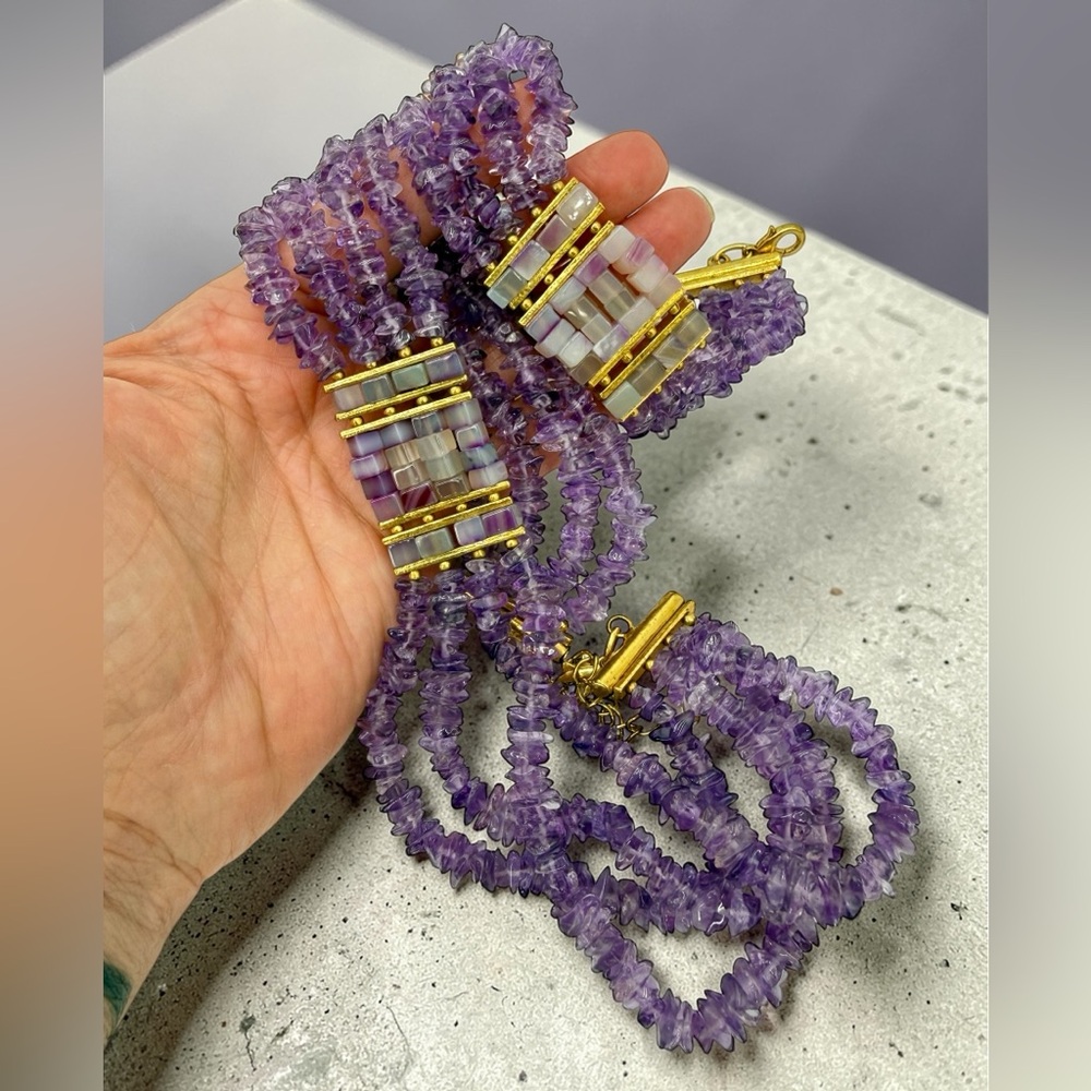Amethyst Multi Strand Choker Necklace & Bracelet Set Mosaic Agate 161g Stunning - Picture 7 of 17